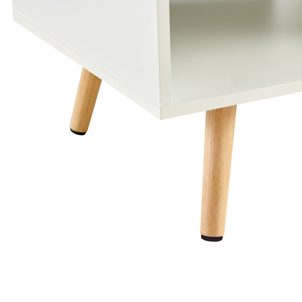 Modern White Rectangle Coffee Table with Solid Wood Legs, Sliding Drawer Storage & Open Shelf for Living Room
