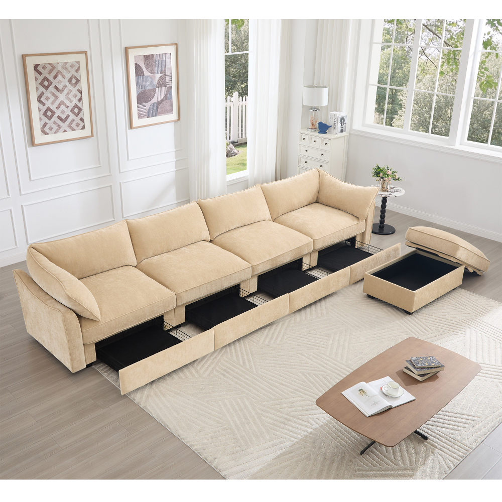 L-Shaped Modular Sofa with Hidden Storage Drawers, Chenille Fabric Sectional Couch for Living Room