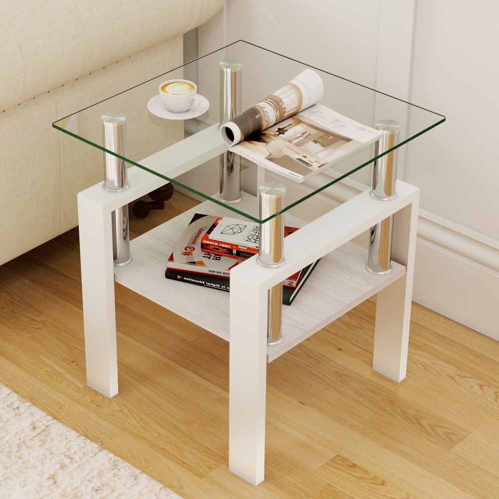 Set of 2 Modern Tempered Glass End Tables - White Square Coffee Table with MDF Shelf for Living Room