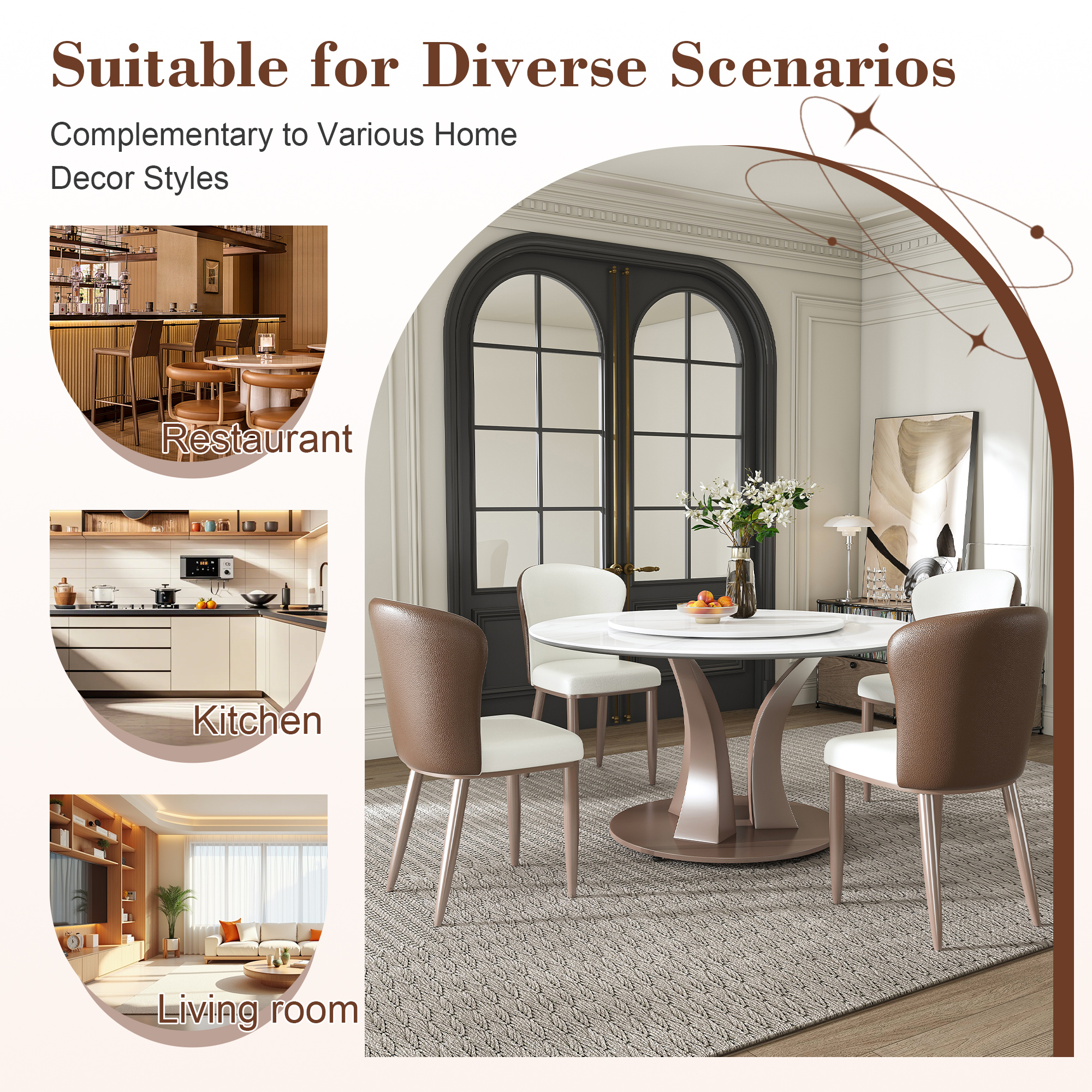 53" Round Sintered Stone Dining Table Set with Rotating Lazy Susan & 8 Modern Chairs - Luxury White Marble Kitchen Furniture