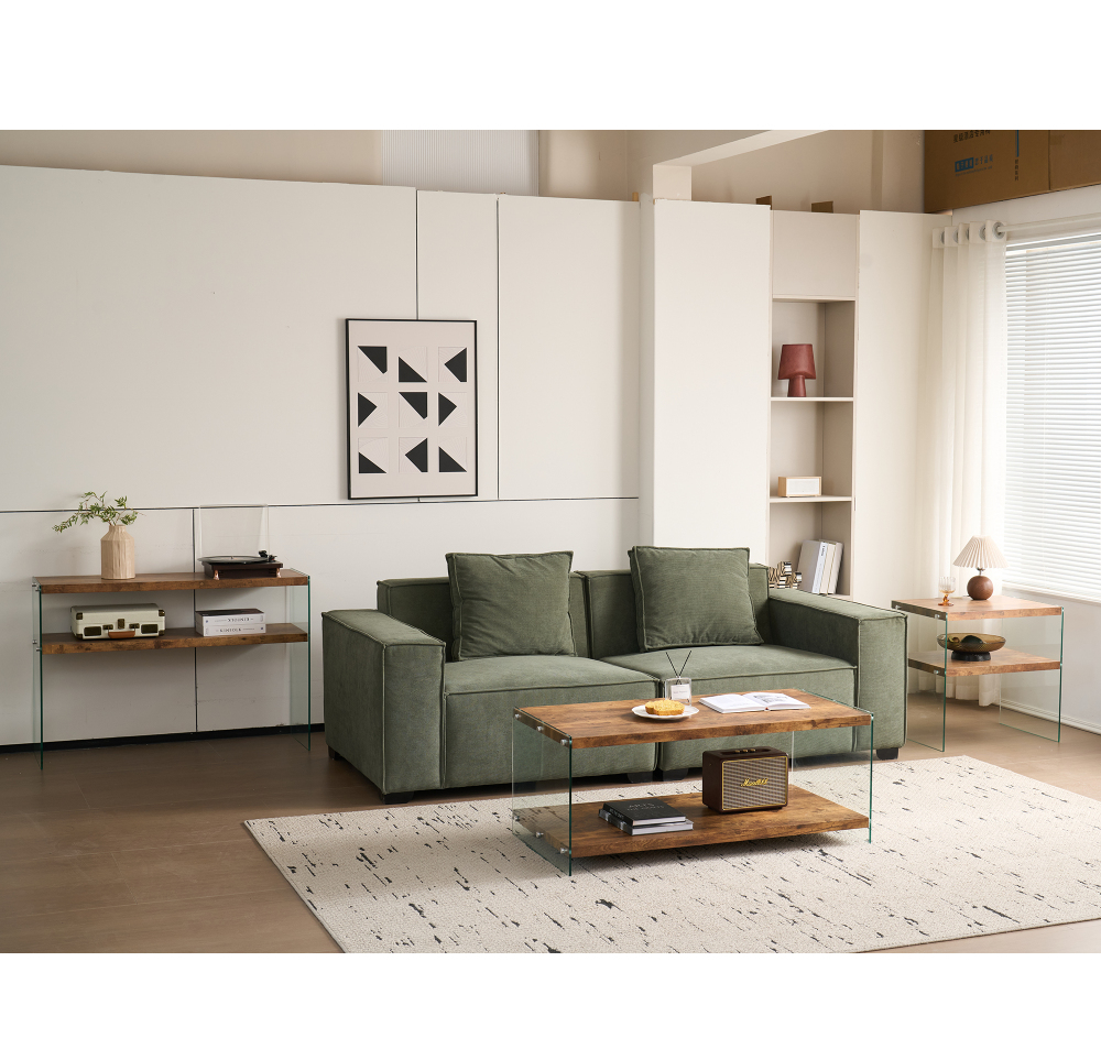 Modern Two-Tier Coffee Table with Tempered Glass Legs and Walnut Wood Top, Stylish Living Room Center Table