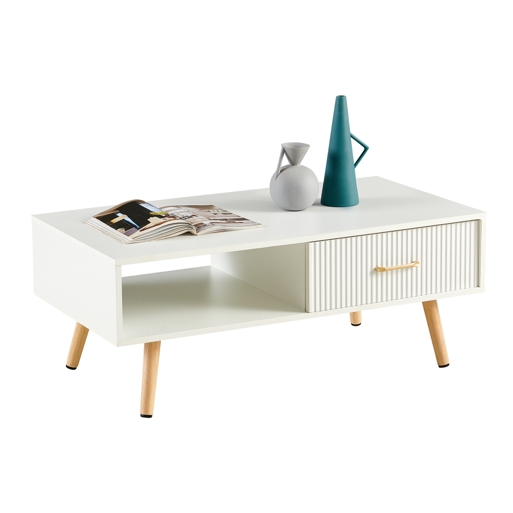 Modern White Rectangle Coffee Table with Solid Wood Legs, Sliding Drawer Storage & Open Shelf for Living Room