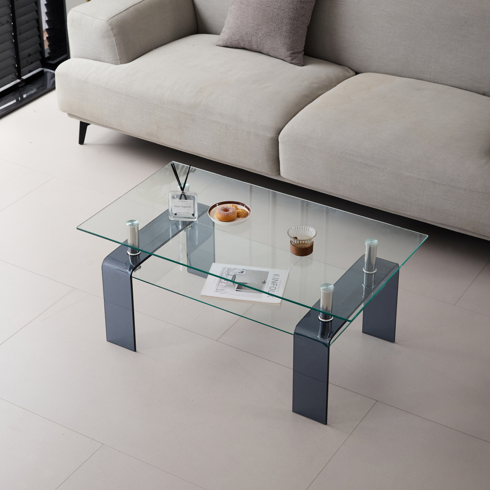 Modern Tempered Glass Coffee Table with Smoke Legs - Contemporary 2-Tier Rectangular Center Table for Living Room