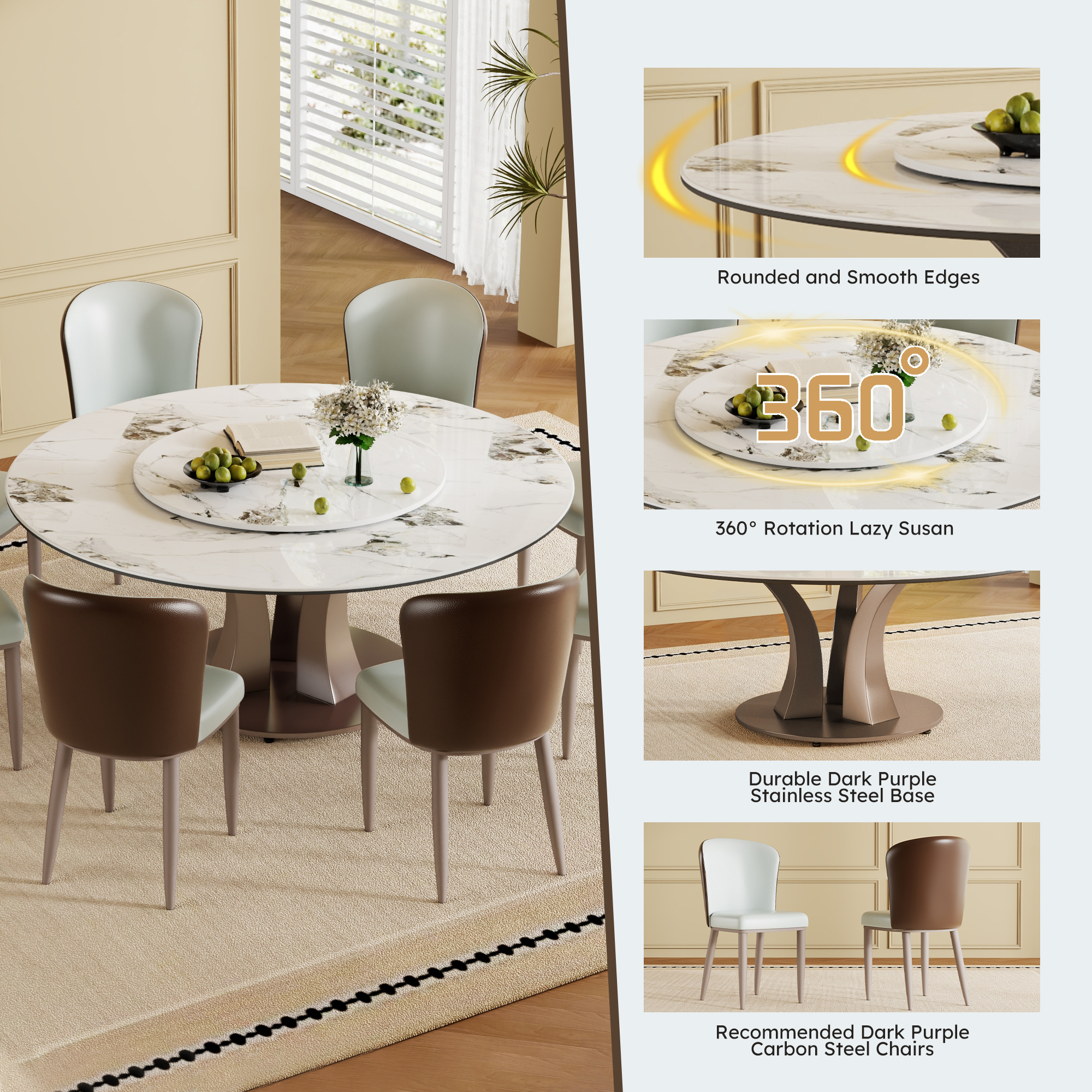 59" Round Dining Table Set with Rotating Lazy Susan - Modern Sintered Stone Top & Industrial Base for 8-10 People