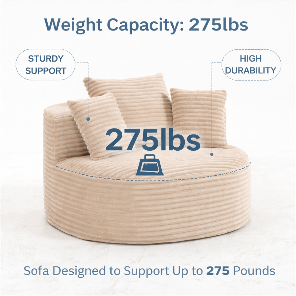 Modern Ribbed Corduroy Lounge Chair - Beige Compressed Round Sofa with Lumbar Pillows for Living Room & Bedroom