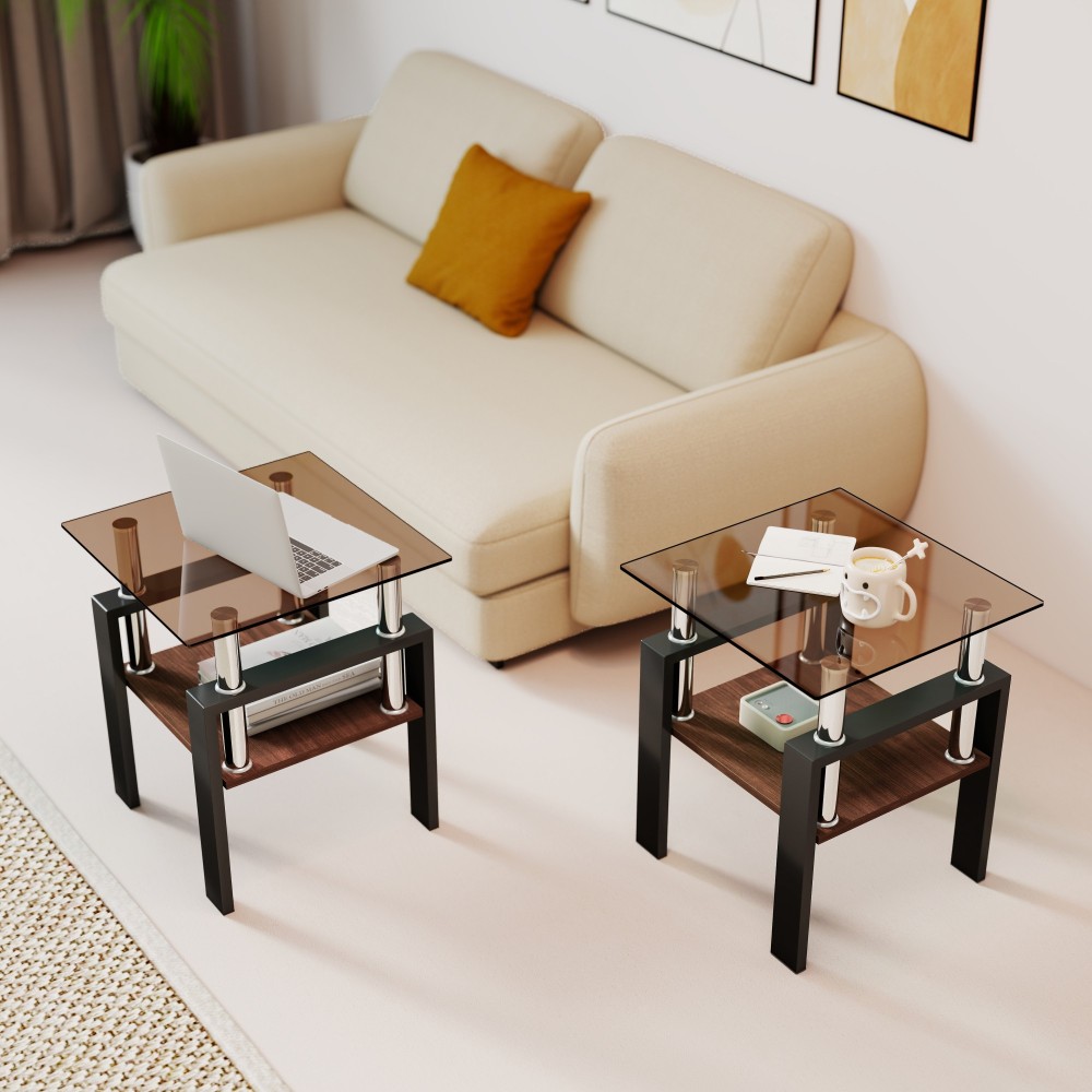 Set of 2 Modern Tempered Glass End Tables - Square Side Tables with MDF Shelf & Metal Legs for Living Room