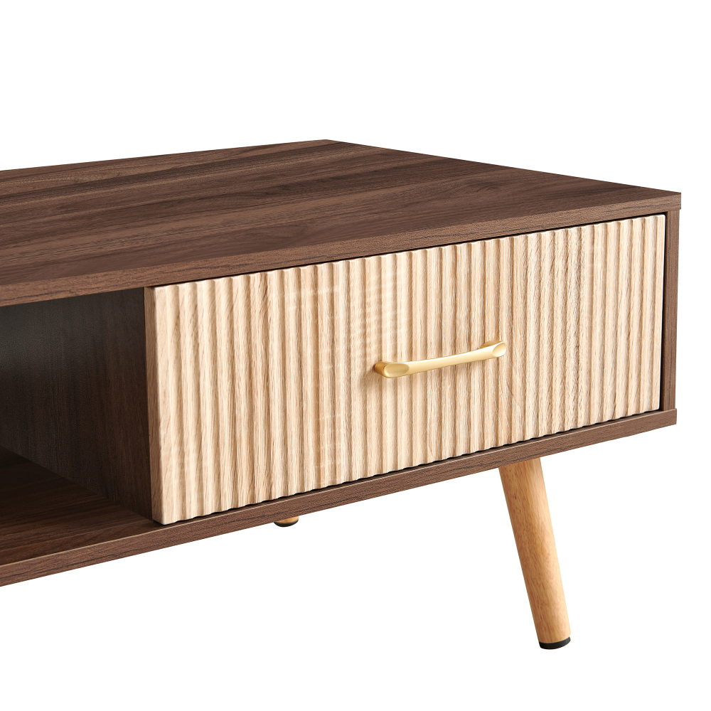 Mid-Century Modern Coffee Table with Sliding Storage Drawer, Walnut Finish Rectangular Living Room Accent Table with Solid Wood Legs