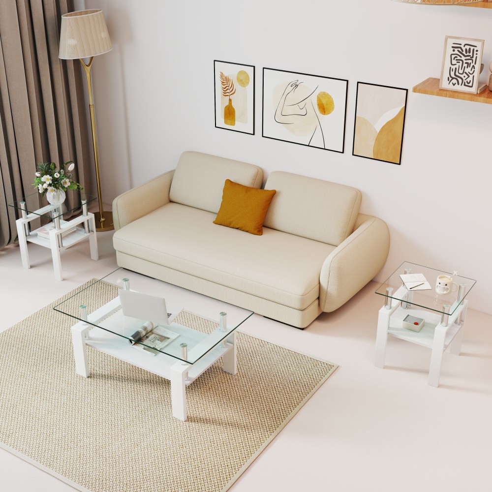 Set of 2 Modern Tempered Glass End Tables - White Square Coffee Table with MDF Shelf for Living Room