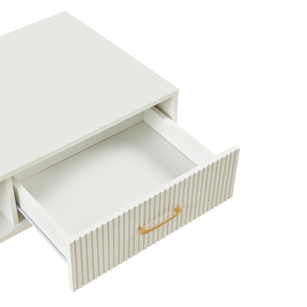 Modern White Rectangle Coffee Table with Solid Wood Legs, Sliding Drawer Storage & Open Shelf for Living Room