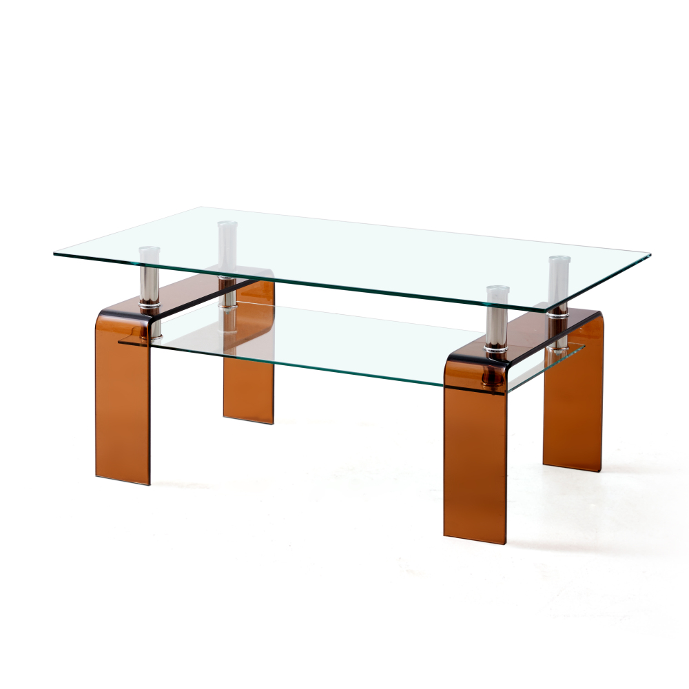 Modern Tempered Glass Coffee Table with Brown Legs - 2-Tier Storage Center for Living Room