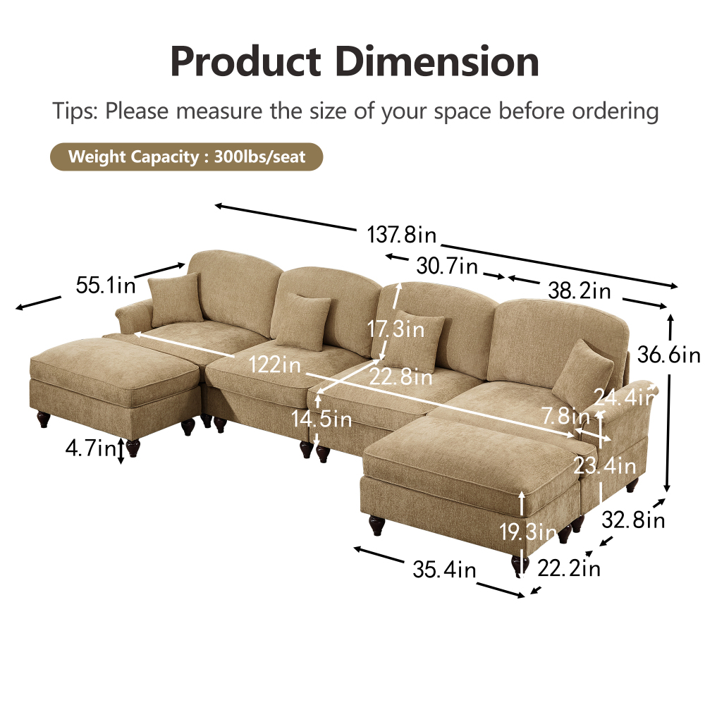 Classic U-Shaped Modular Sectional Sofa with Removable Ruffle Skirt, Deep Seat Chenille Couch with Flared Arms and Spindle Legs, Light Coffee