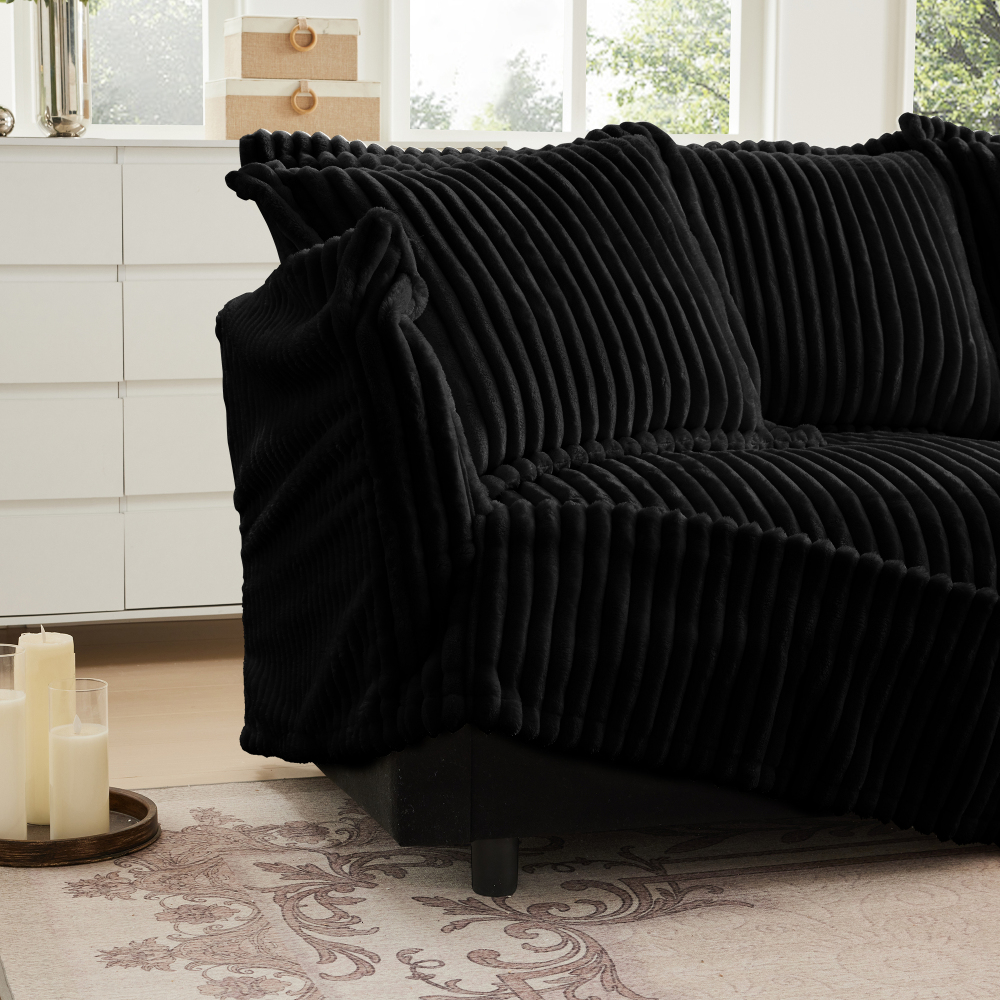 Oversized Modular Corduroy Sofa Set with 3 Ottomans - Black Convertible Sleeper Couch & Sectional