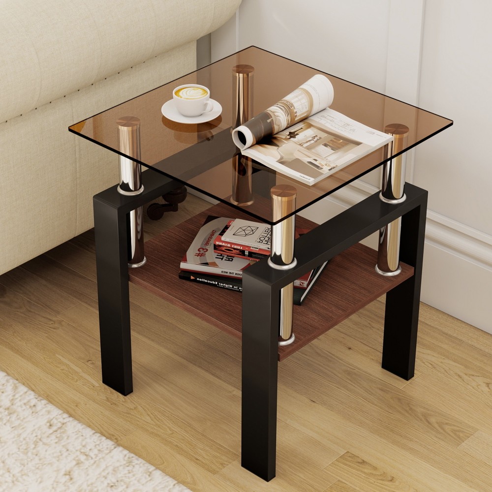 Set of 2 Modern Tempered Glass End Tables - Square Side Tables with MDF Shelf & Metal Legs for Living Room
