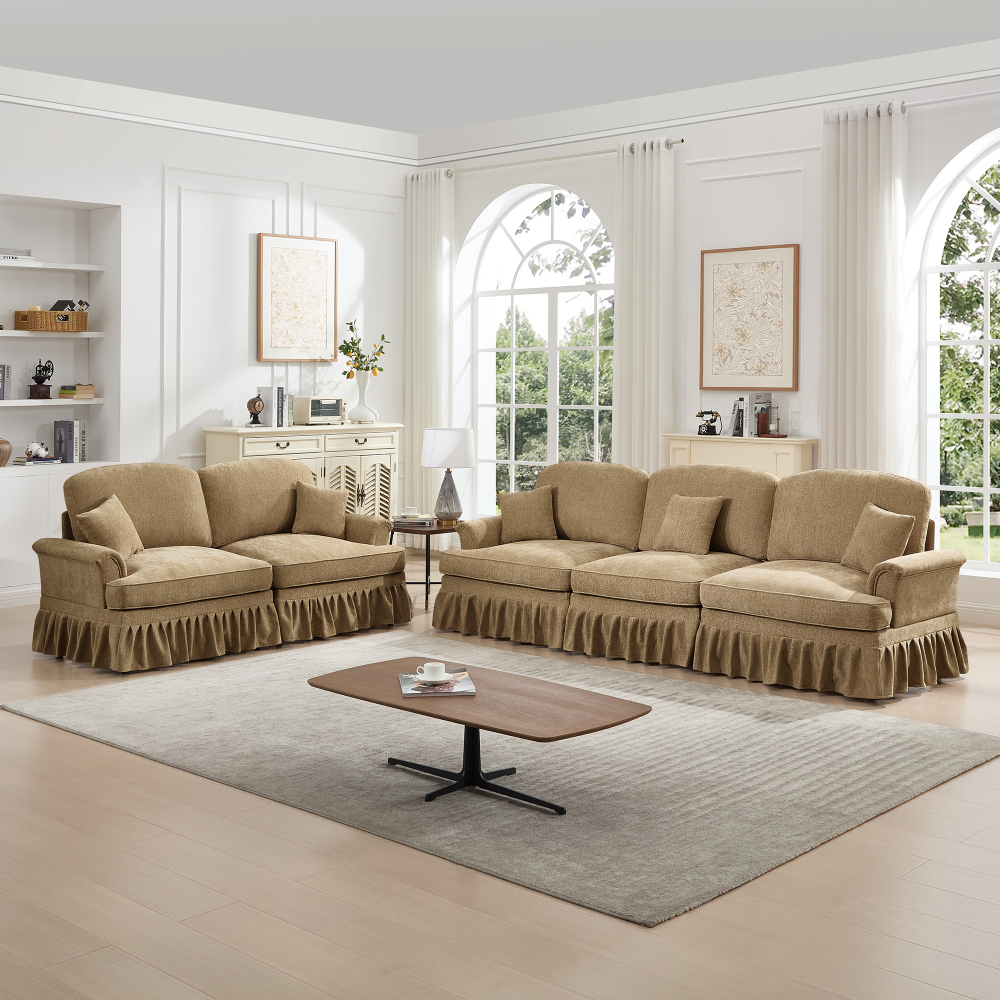 Classic 2-Piece Sofa Set with Removable Ruffle Skirts, Flared Arms & Spindle Legs - 3-Seater Couch and Loveseat for Living Room, Light Coffee Chenille