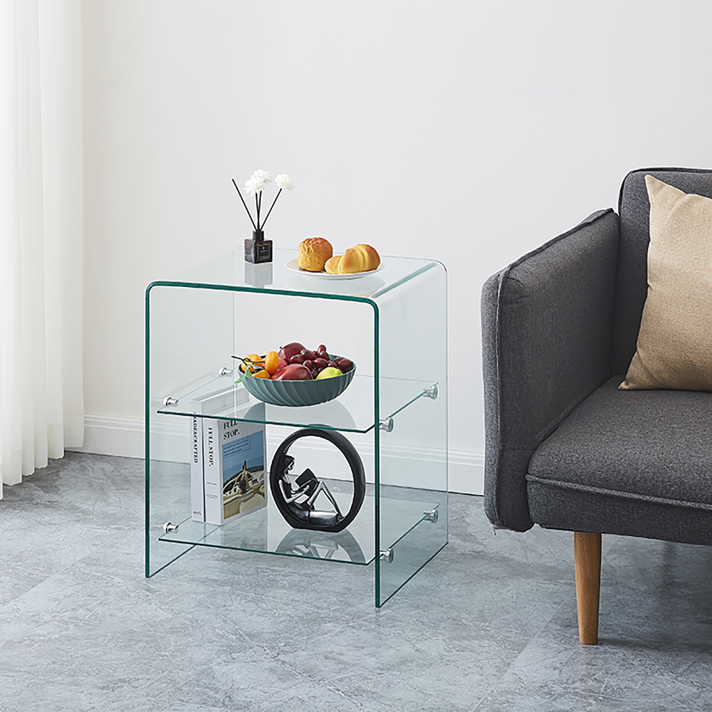 Modern Tempered Glass Side Table - Clear 2-Tier Coffee Table for Living Room