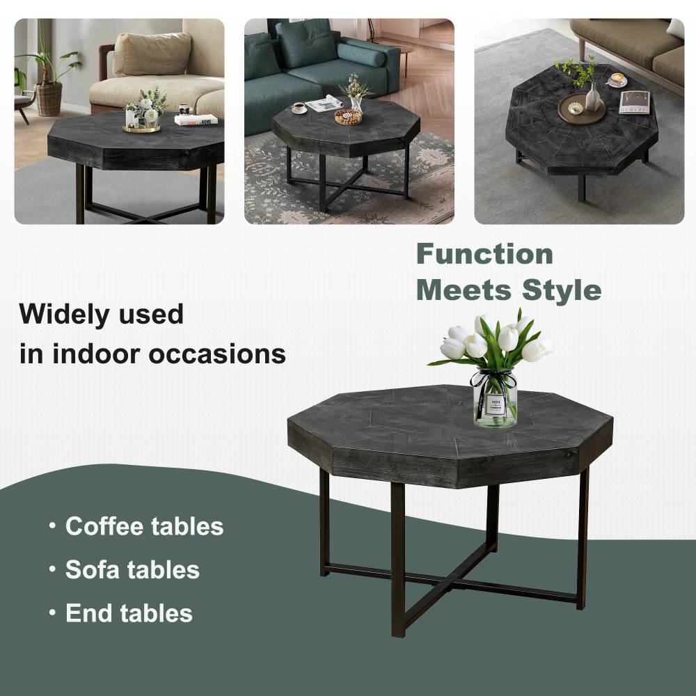 Vintage Octagonal Coffee Table with Patchwork Wood Top & Cross Metal Legs - 30" Antique Black Farmhouse Centerpiece for Living Room