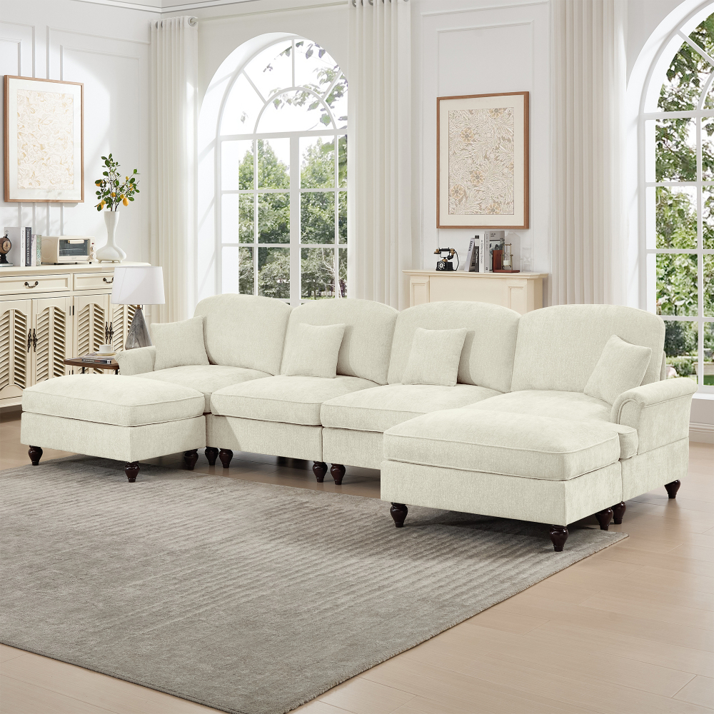 Classic U-Shaped Modular Sectional Sofa with Removable Ruffle Skirt, Deep Seat Chenille Cloud Couch & Movable Ottomans