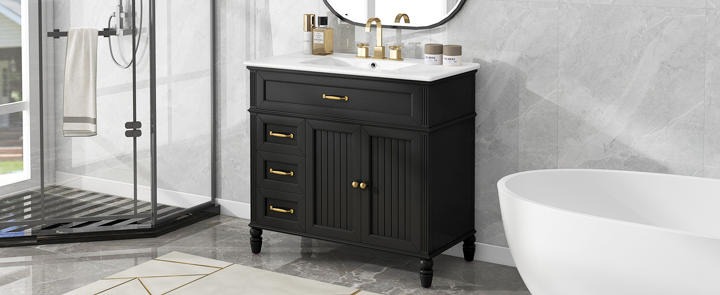 36" Black Bathroom Vanity with Ceramic Sink Top, Vintage Freestanding Cabinet with Soft-Close Drawers & Storage