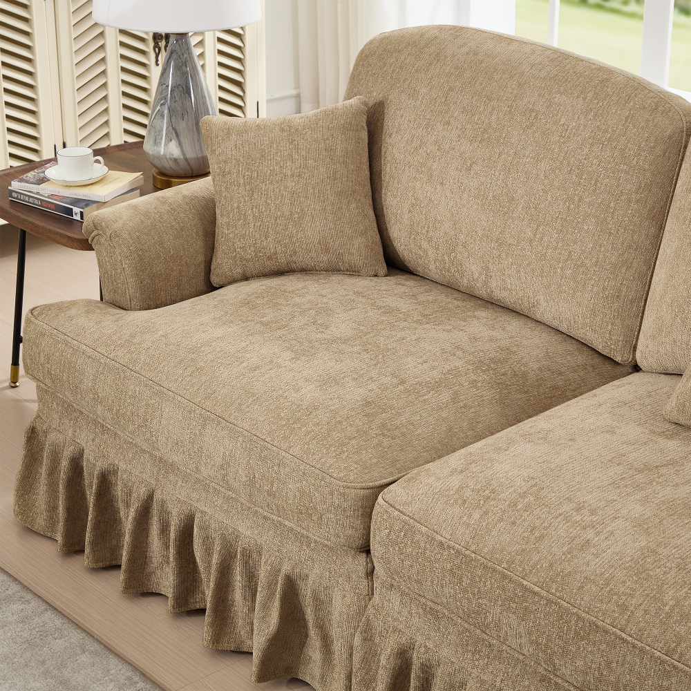 Classic U-Shaped Modular Sectional Sofa with Removable Ruffle Skirt, Deep Seat Chenille Couch with Flared Arms and Spindle Legs, Light Coffee