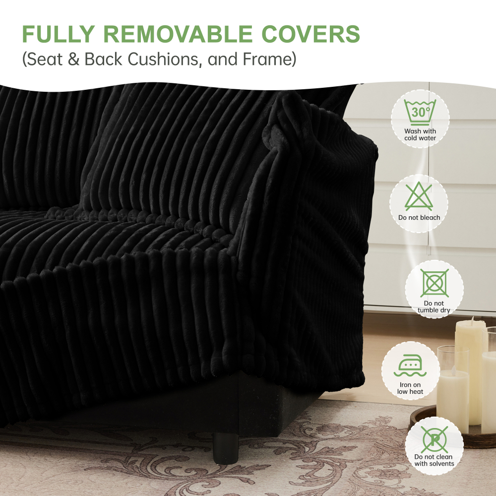 Oversized Modular Corduroy Sofa Set with 3 Ottomans - Black Convertible Sleeper Couch & Sectional