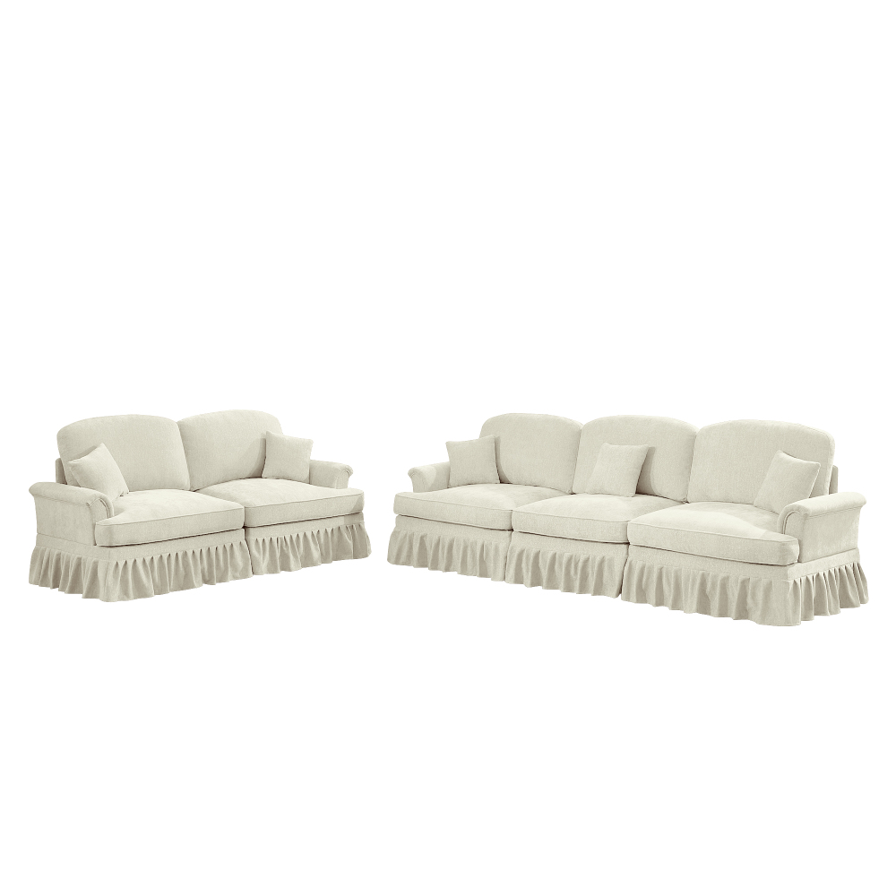 Classic Chenille Modular Sofa Set with Removable Ruffle Skirts, Beige & White 2-Piece Living Room Couch Collection featuring Flared Arms and Spindle Legs
