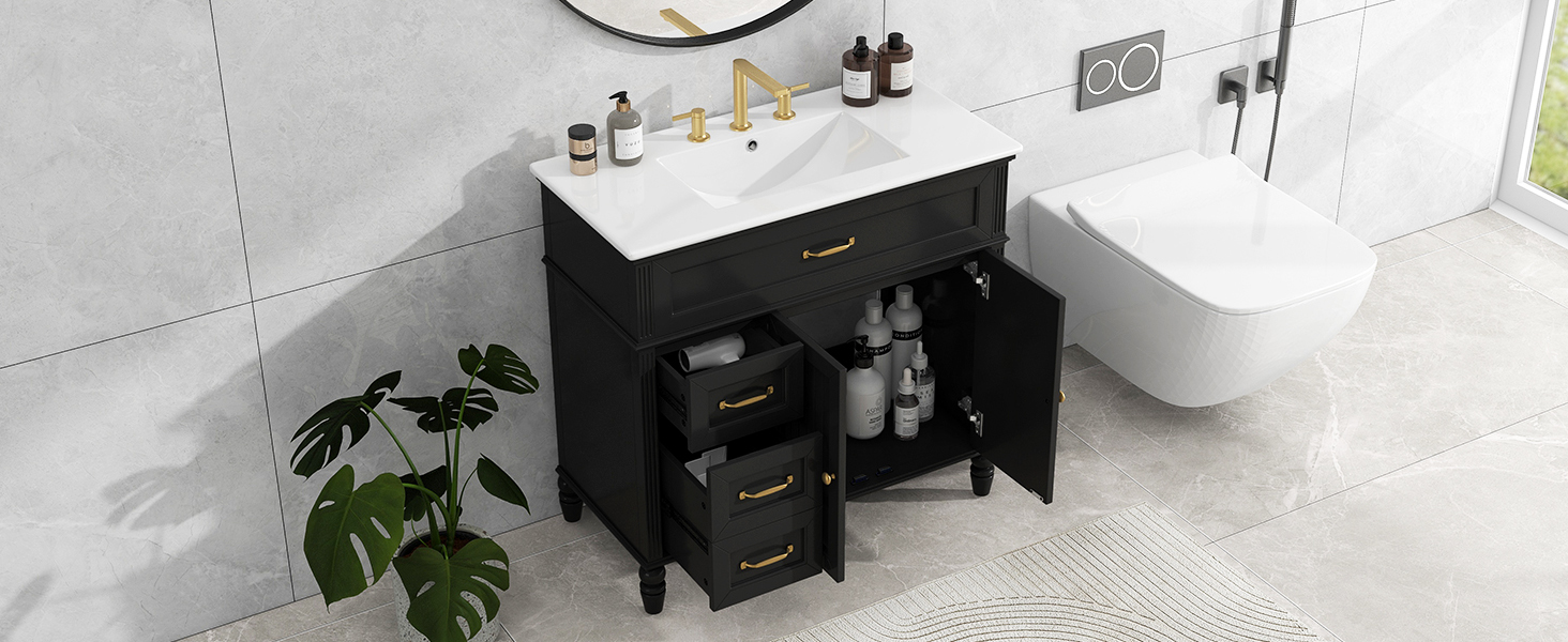 36" Black Bathroom Vanity with Ceramic Sink Top, Vintage Freestanding Cabinet with Soft-Close Drawers & Storage