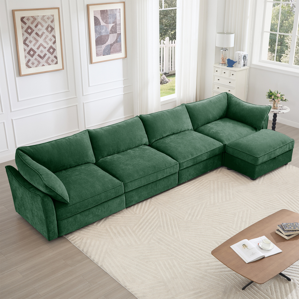 Green Chenille L-Shaped Sectional Sofa, 4-Seat Modular Couch with Movable Ottoman, Crescent Armrests & Wraparound Back Cushions for Living Room