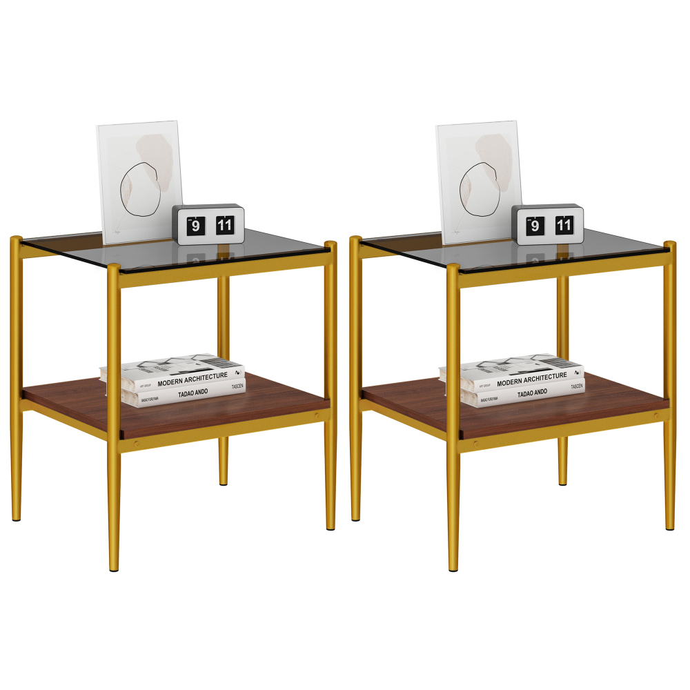 Set of 2 Modern Gold End Tables with Tempered Glass Top and Storage Shelf, Rectangle Side Tables for Living Room
