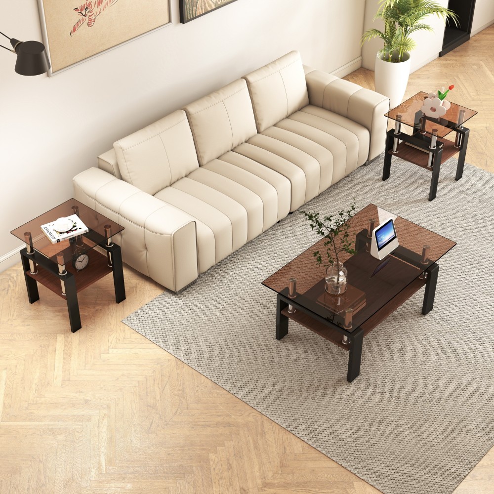 Set of 2 Modern Tempered Glass End Tables - Square Side Tables with MDF Shelf & Metal Legs for Living Room