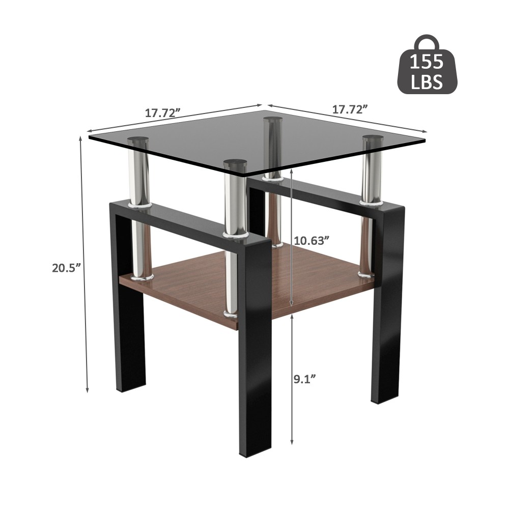 Set of 2 Modern Tempered Glass End Tables with MDF Shelf, Square Coffee Side Tables for Living Room