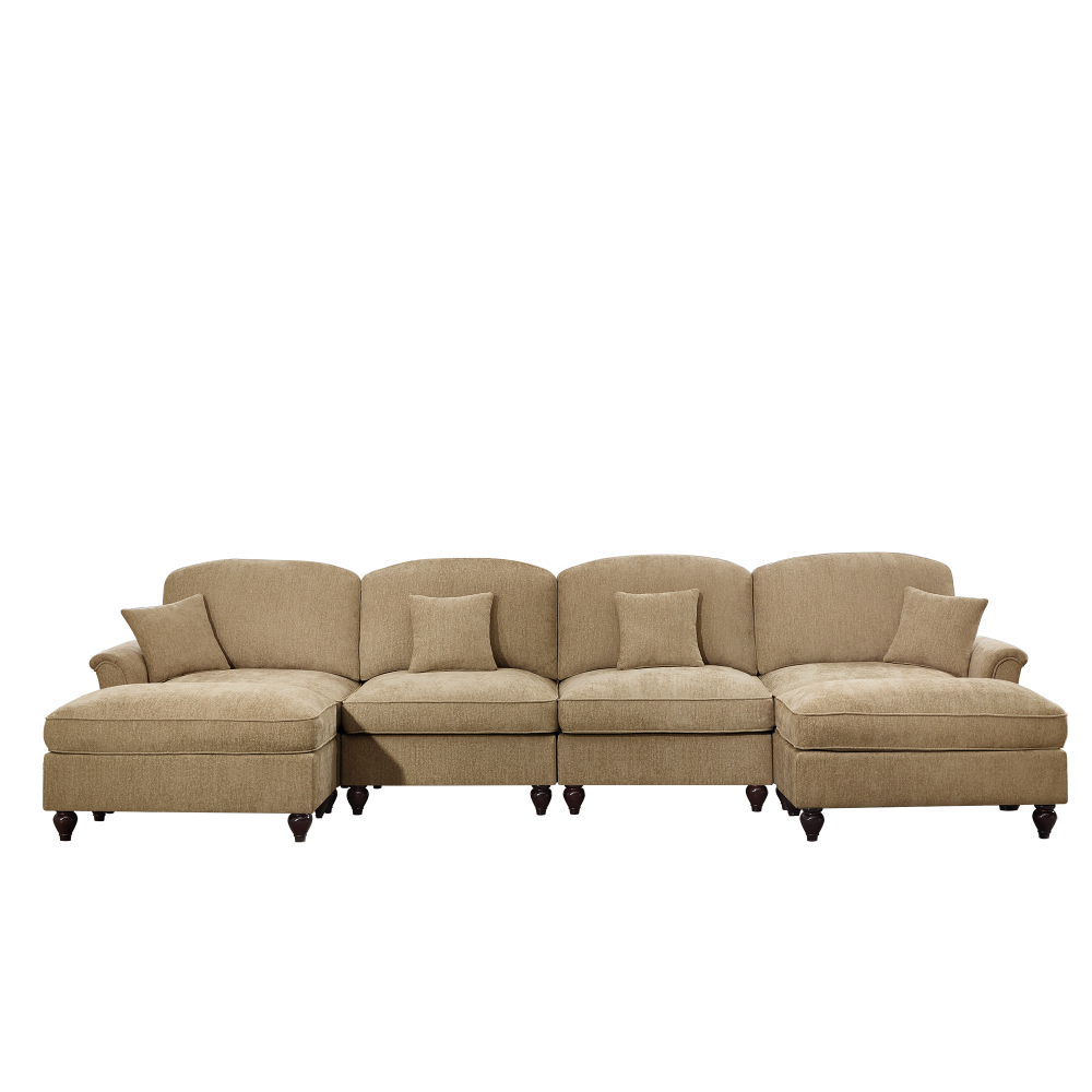 Classic U-Shaped Modular Sectional Sofa with Removable Ruffle Skirt, Deep Seat Chenille Couch with Flared Arms and Spindle Legs, Light Coffee