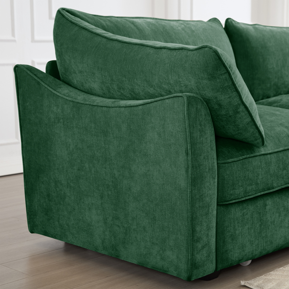 Green Chenille L-Shaped Sectional Sofa, 4-Seat Modular Couch with Movable Ottoman, Crescent Armrests & Wraparound Back Cushions for Living Room