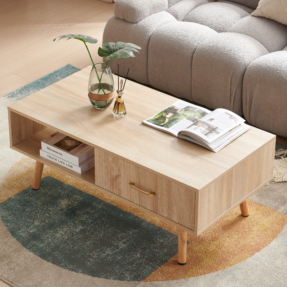 Modern Natural Wood Coffee Table with Sliding Storage Drawer & Solid Wood Legs for Living Room