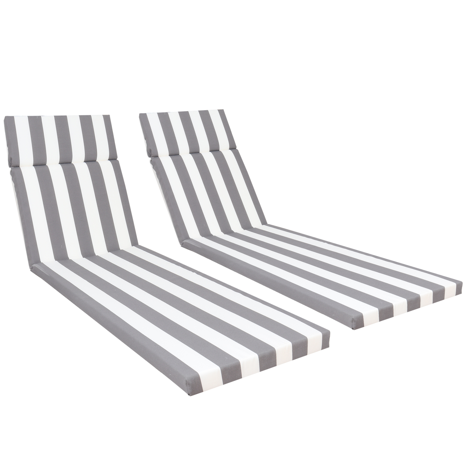 Set of 2 Premium Outdoor Chaise Lounge Cushions - Weather Resistant Patio Pool Furniture Pads with Ties, Gray/White Stripe