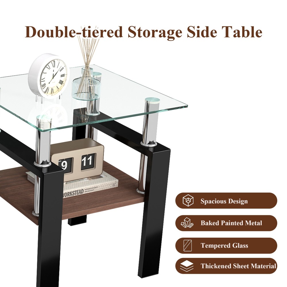 Set of 2 Modern Tempered Glass End Tables with Storage Shelf - Square Coffee Side Tables for Living Room