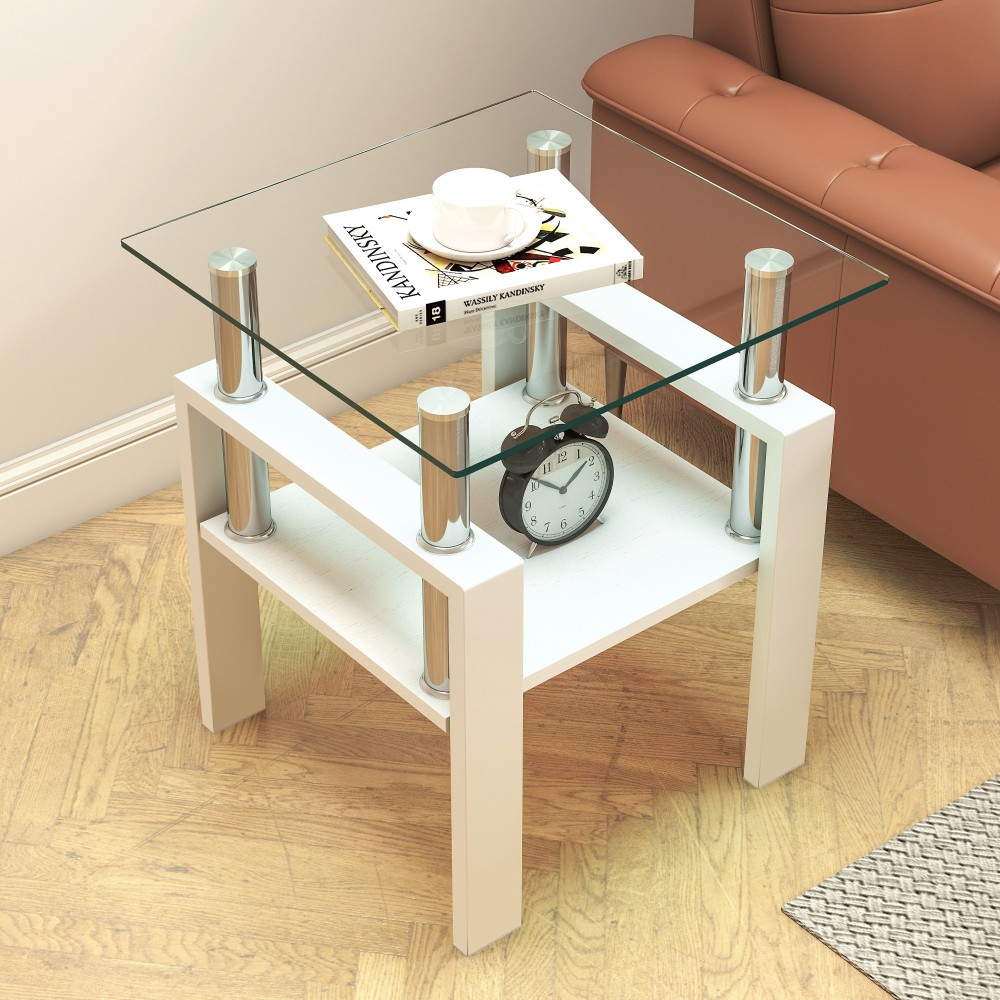 Set of 2 Modern Tempered Glass End Tables - White Square Coffee Table with MDF Shelf for Living Room