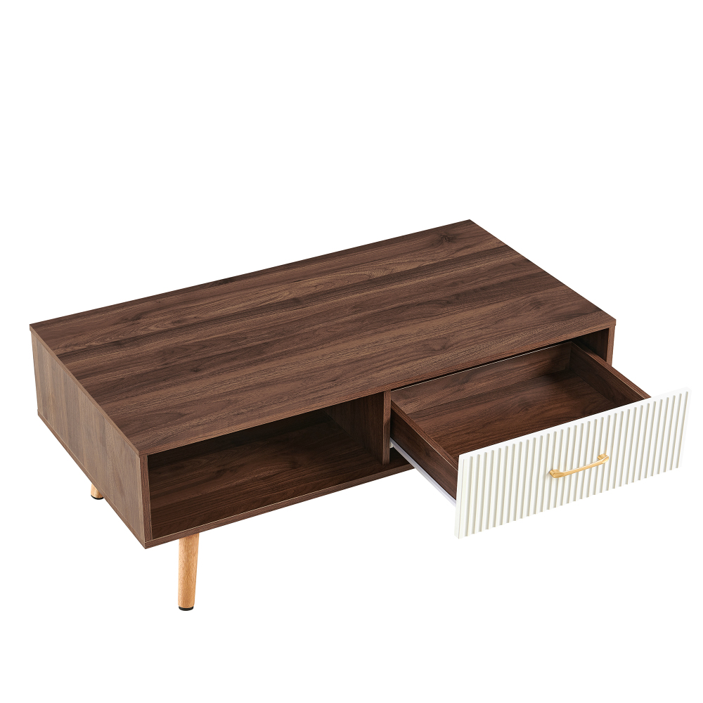 Mid-Century Modern Coffee Table with Sliding Drawer & Open Shelf Storage, Walnut Finish Rectangle Living Room Center Table with Solid Wood Legs