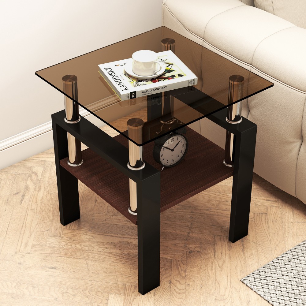 Set of 2 Modern Tempered Glass End Tables - Square Side Tables with MDF Shelf & Metal Legs for Living Room
