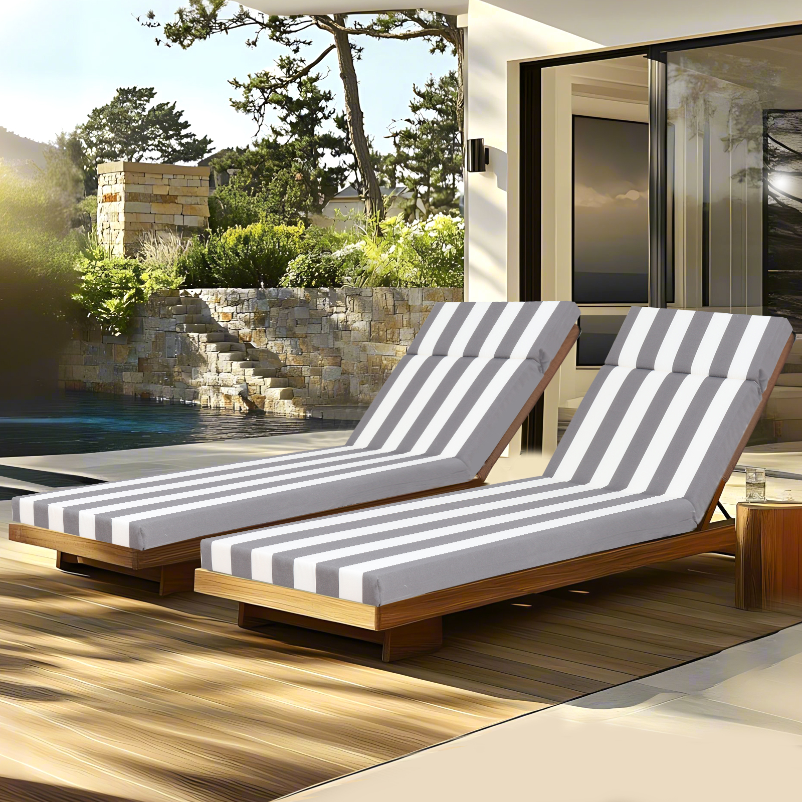 Set of 2 Premium Outdoor Chaise Lounge Cushions - Weather Resistant Patio Pool Furniture Pads with Ties, Gray/White Stripe