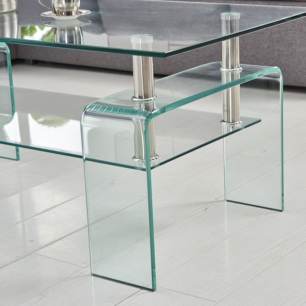 Modern Rectangle Clear Glass Coffee Table with 2-Tier Storage & Tempered Glass Top