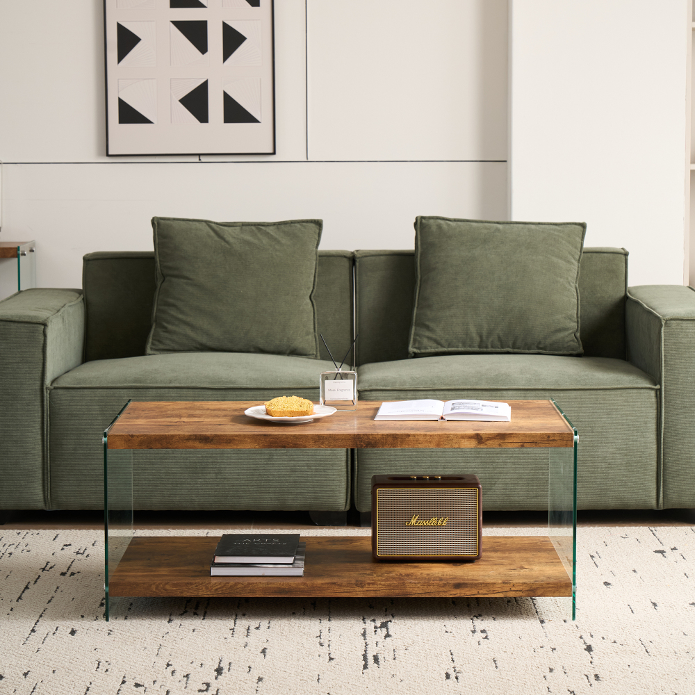 Modern Two-Tier Coffee Table with Tempered Glass Legs and Walnut Wood Top, Stylish Living Room Center Table