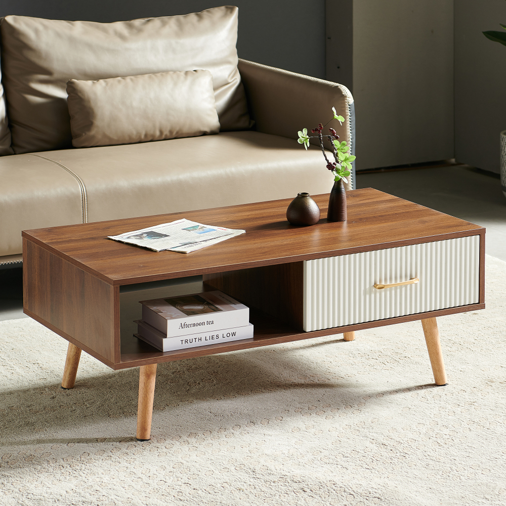 Mid-Century Modern Coffee Table with Sliding Drawer & Open Shelf Storage, Walnut Finish Rectangle Living Room Center Table with Solid Wood Legs