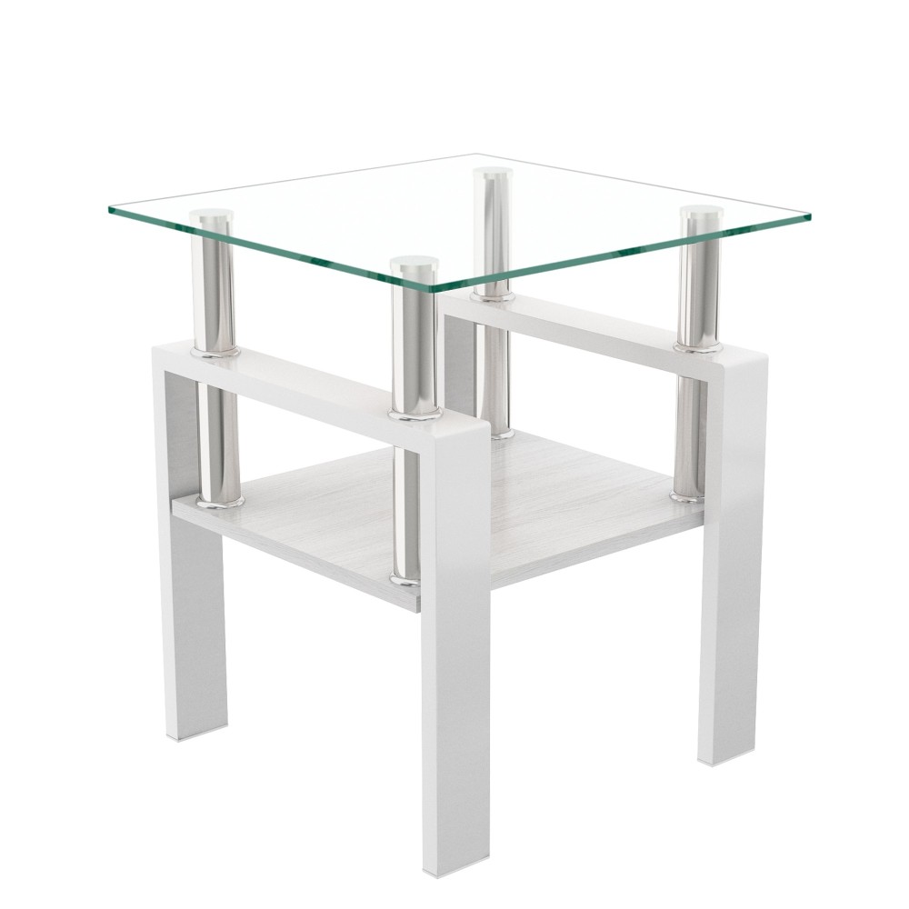 Set of 2 Modern Tempered Glass End Tables - White Square Coffee Table with MDF Shelf for Living Room