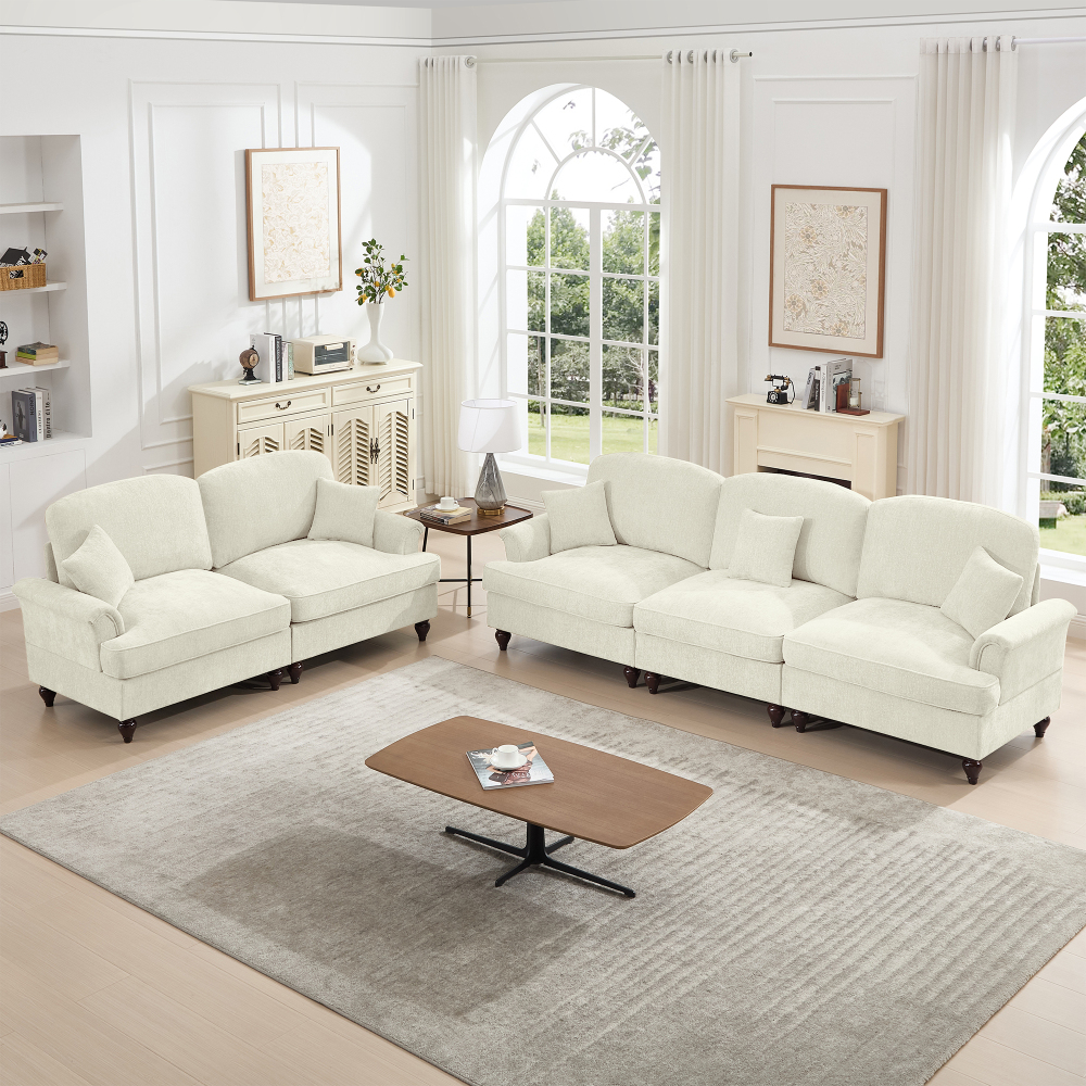 Classic Chenille Modular Sofa Set with Removable Ruffle Skirts, Beige & White 2-Piece Living Room Couch Collection featuring Flared Arms and Spindle Legs
