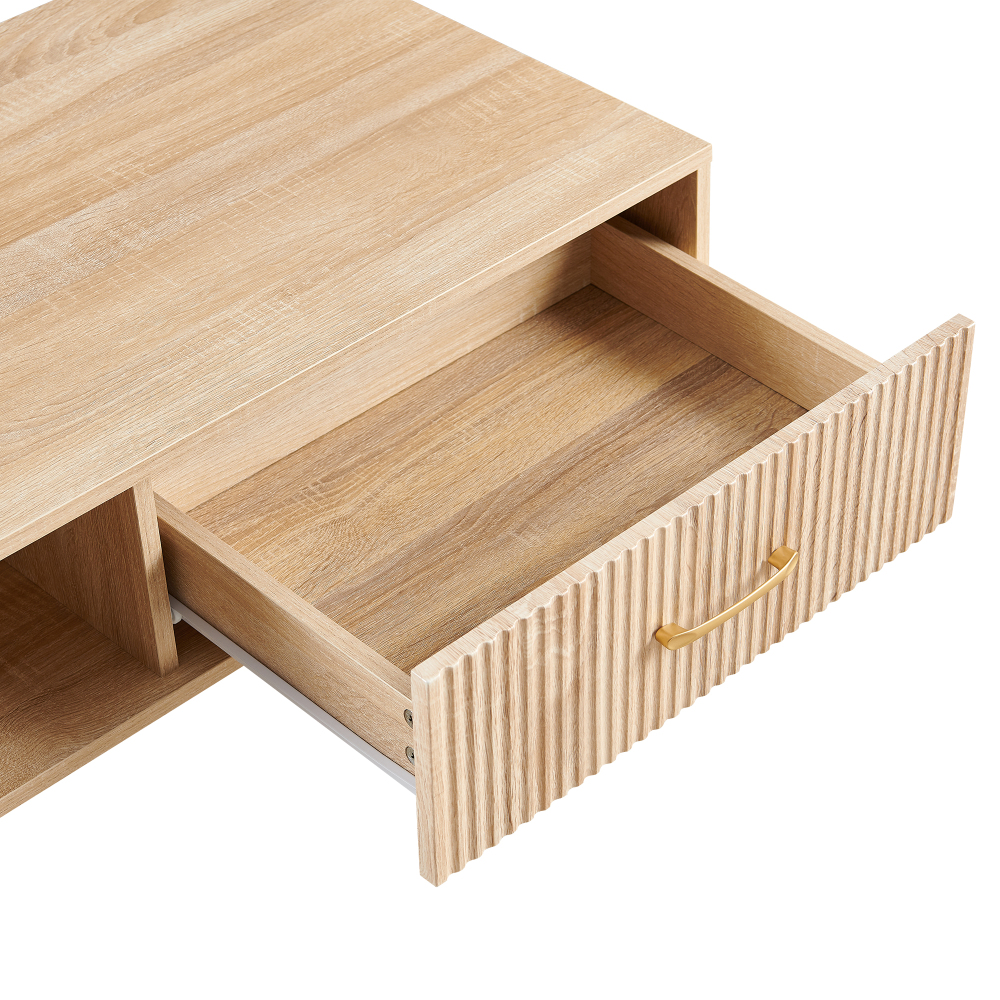 Modern Natural Wood Coffee Table with Sliding Storage Drawer & Solid Wood Legs for Living Room