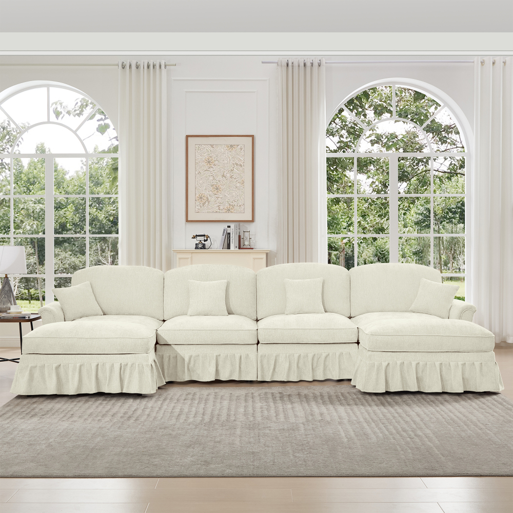 Classic U-Shaped Modular Sectional Sofa with Removable Ruffle Skirt, Deep Seat Chenille Cloud Couch & Movable Ottomans