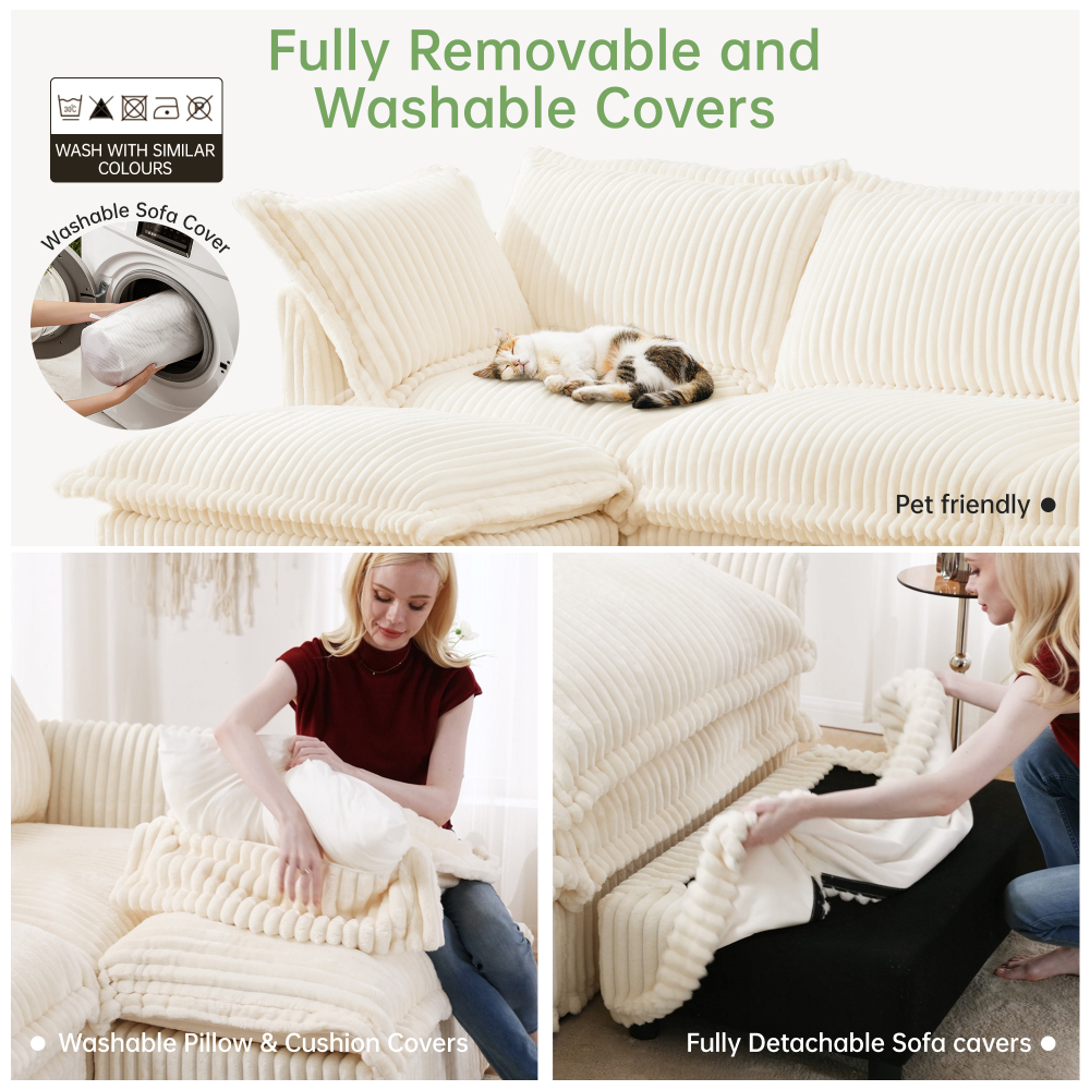 Oversized Corduroy Modular Sofa with 3 Ottomans, Cream Slipcovered 3-Seater Cloud Couch for Living Room