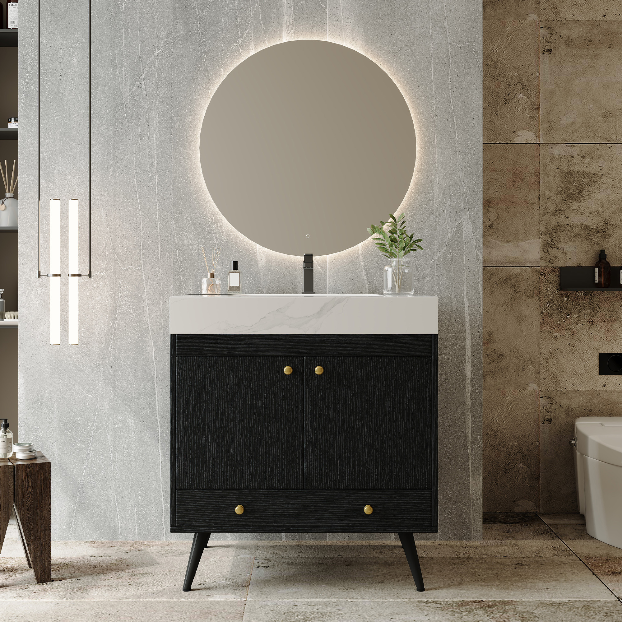 Contemporary 30" Free-Standing Bathroom Vanity with Sintered Stone Top & Gold Accents