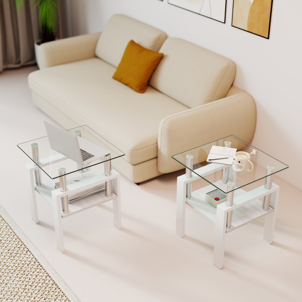 Set of 2 Modern Tempered Glass End Tables - White Square Coffee Table with MDF Shelf for Living Room