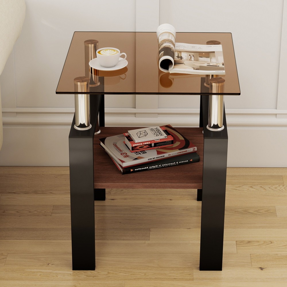 Set of 2 Modern Tempered Glass End Tables - Square Side Tables with MDF Shelf & Metal Legs for Living Room